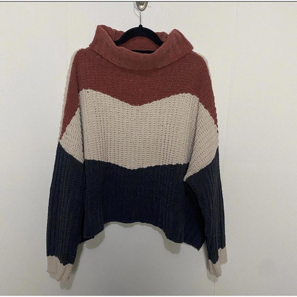 POL Cozy Oversized Sweater Sz Small Soft Cabincore Gray Cream Rust Color-block - Picture 2 of 5